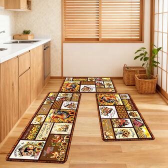 1/2/3件套农舍风格厨房地毯，图案包括向日葵、红色谷仓、公鸡、母鸡、小鸡、花篮，以及“家有鸡的地方”的标语。适用于客厅、卧室、厨房、餐厅、玄关、浴室、洗衣房、户外野餐、农舍装饰，防滑底背，实用舒适的家居必备品。