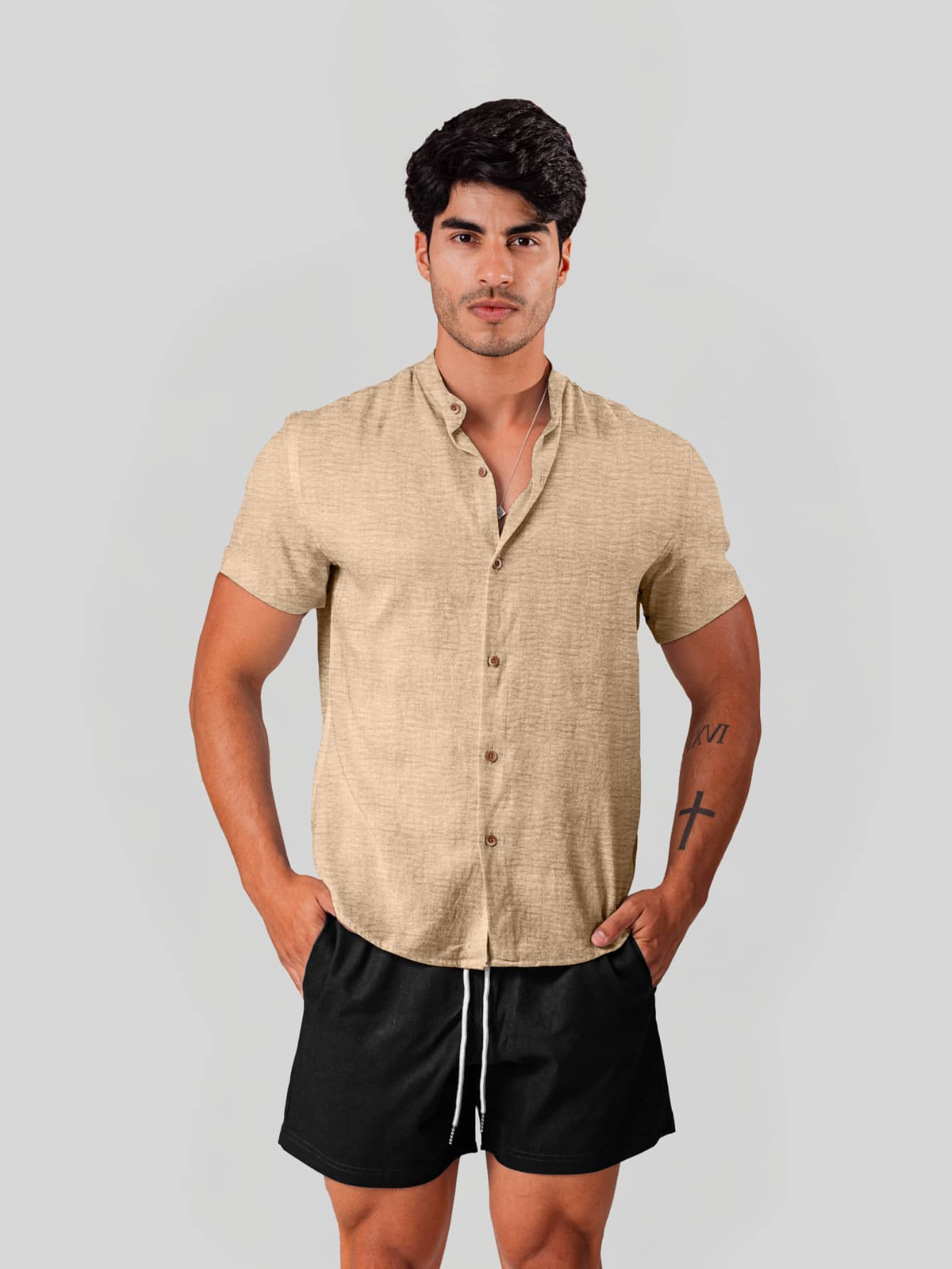 Men's Short Sleeve Linen Look Dress Shirt With Priest Collar - Shirt For Summer 2025 - Fresh Shirt - Beach Fashion - 杏色 - 查看 1