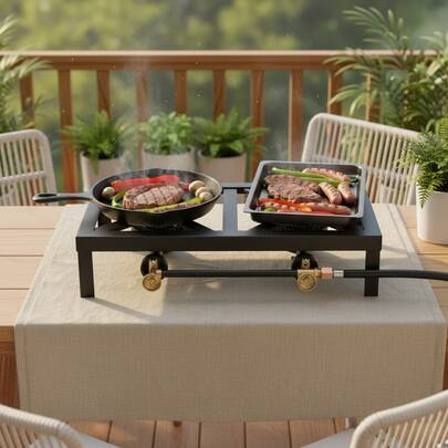 RibasuBB Portable Gas Double Burner Stove For Outdoor Cooking – 8000W Power Per Burner, Cast Iron, Adjustable Flame, Ideal For Camping, Picnics, BBQ, Hiking