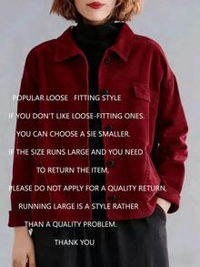 Plus Size Women Corduroy Solid Color Long Sleeve Jacket, Fashionable Drop Shoulder Design, Casual, Commute, Suitable For All Seasons - Burgundy - View 2