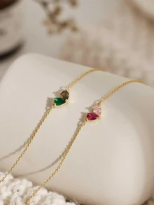 Customized Double Birthstone Heart Pendant Bracelet, Women's Mother's Jewelry Gift, Elegant Romantic Gift For Valentine's Day, Mother's Day, Stainless Steel Chain, Waterproof Summer Bracelet - As Shown - View 5