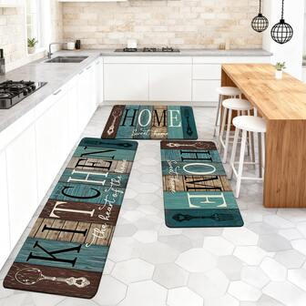 1/2/3pcs Vintage Wood Grain Background Kitchen Rugs With "HOME" Text And Silver Spoon & Fork Pattern, Creating A Cozy Farmhouse Vibe, Suitable For Living Room, Bedroom, Kitchen, Dining Room, Entryway, Bathroom, Laundry Room, Non-Slip Backing, , Also Suitable For Outdoor Picnic, Farmhouse Decor, Essential Kitchen Accessory, Practical And Warm Household Item