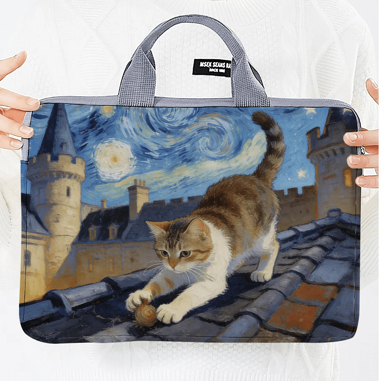 Cute Cat Painting Style Laptop Sleeve Bag, Fits 11-13 Inch Laptops, IPads, Tablets, Casual & Business Handbag, A4 Document Bag Laptop Case Laptop Cover Computer Bag Carrying Hand Bag Laptop Bag Water Resistant Travel Essentials - Multicolor - View 1