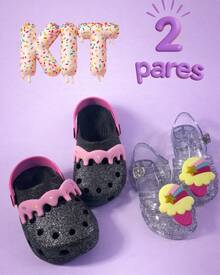 Kit Dois Pares Babuche Preto Com Pink Recheio + Sandália Prata Brilho Infantil Para Meninas Sorvetinho Volta as Aulas - Multicolorido - Visão 4