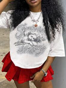 Tween Girl Cotten Clothes,Y2K-Inspired Letter Print T-Shirt - Casual Crew Neck, Short Sleeve, Machine Washable - Perfect For Spring/Summer/Fall,Fashion, Streetwear, Unisex, Men, Women - 白色 - 查看 1