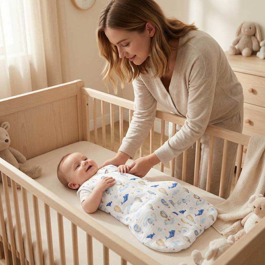 1件轻薄无袖婴儿睡袋，100%纯棉纱布面料，可爱热气球和海豚印花，适合新手妈妈，春夏款