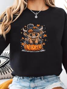 Retro Halloween Vaca De Las Tierras Altas, Espeluznante, Halloween, Tee Gráfica, Camisa De Halloween, Vaca Peluda, Vaca De Las Tierras Altas, Sudadera - Negro - Ver 2