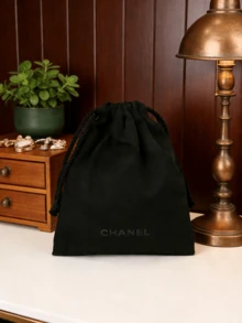 CHANEL Black Drawstring Soft Padded Makeup Bag, Flannel Fabric Cosmetic Storage Organizer, Multi-Functional Travel Pouch - Black - View 1