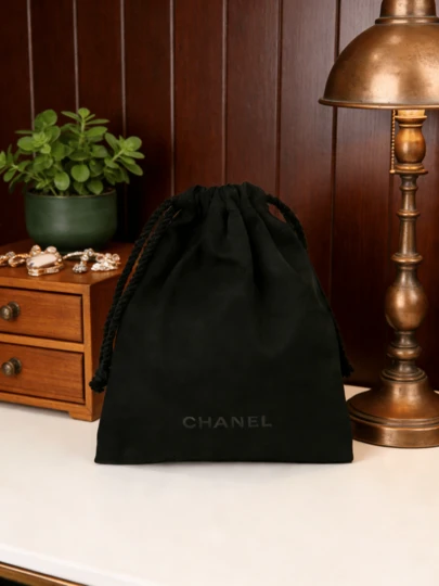 CHANEL Black Drawstring Soft Padded Makeup Bag, Flannel Fabric Cosmetic Storage Organizer, Multi-Functional Travel Pouch