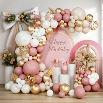 סט זר בלונים ורוד 112 יחידות - בגווני ורוד וינטג' וזהב מטאלי, מתאים ליום הולדת, מסיבה, חתונה, מסיבת רווקות וכו' - ערכת קישוטים רב תכליתית למסיבה