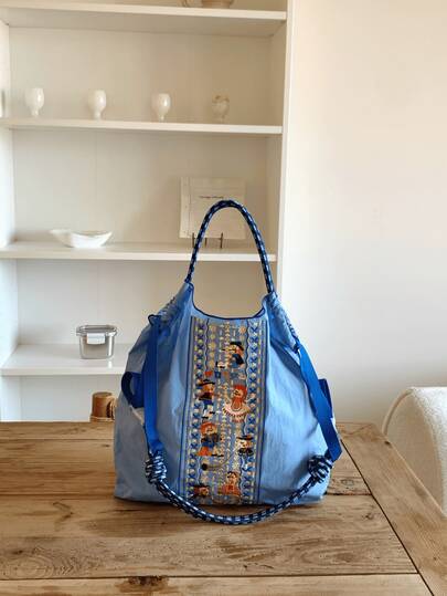 新款女士手提包，尼龙材质，刺绣动物马戏团图案设计，大容量单肩包，轻便可折叠，适合所有季节，购物、通勤、户外活动、健身、节日派对、惊喜礼物