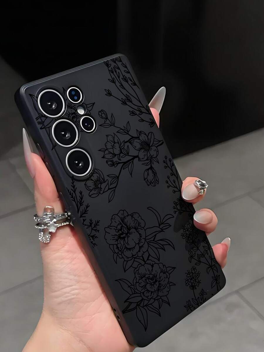 Black Floral Elements Fashion TPU 1pc Creative Floral Line Design Soft TPU Protective Phone Case, Scratch-Resistant And Shock-Proof, Compatible With Huawei Honor, Compatible With Redmi, Compatible With Galaxy A/S Series, Compatible With Pixel 6A/7A/8A, 12T/13T/14T, International Version, Not The Domestic Version Spring Birthday Gift - Black - View 1
