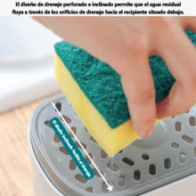 Dispensador automático de jabón con mecanismo de presión para dispensar, soporte para esponja de cocina, depósito transparente para líquido con diseño de drenaje. Fácil manejo con una sola mano, gran capacidad de 250 ml, base antideslizante para facilitar la limpieza. Solución de almacenamiento práctica que ahorra agua y jabón. - Blanco - Ver 5