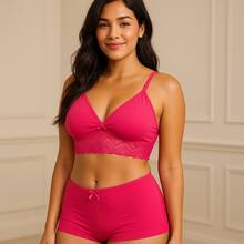 Top Baby Doll Pijama Renda Suede TDPRS012 - Rosa chiclete - Visão 2