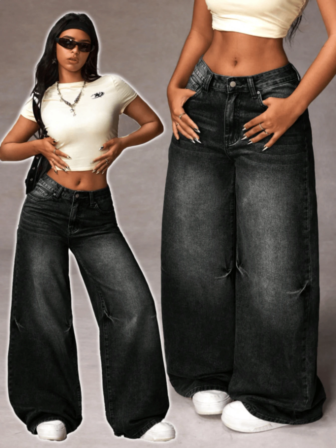 Women's Casual Denim Jeans (Couple Style - Wide Leg Fit), Suitable For All Seasons, Oversized Charcoal, High Waist, Full Length, Casual Outdoor Pants, Multi-Functional Daily Wear, Suitable For Family And Leisure, Slim Fit For Teenagers To Adults, Minimalist Design, Durable Denim Pants - 黑色 - 查看 1