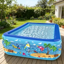 Inflatable Summer Beach Fun Pool, Thickened Material With Beach Landscape Printing, Suitable For Garden And Outdoor Water Party, Portable And Foldable Design, Comes With Repair Patch - Beach Scenery Print - View 2