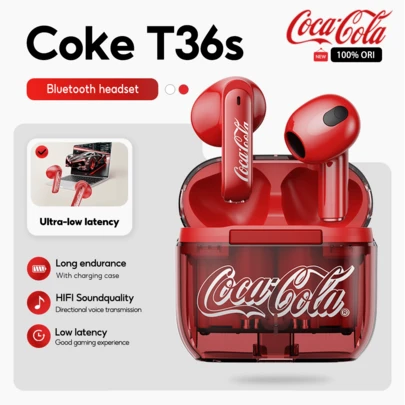 Coca Cola T36S 复古 TWS 无线蓝牙 5.4 半入耳式耳机，超长续航，超轻便携，带麦克风
