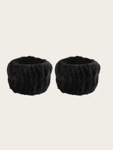 Set de 3 piezas de muñequera y diadema, muñequera y diadema de felpa para lavarse la cara, absorbente, que absorbe la humedad, de felpa de coral, diadema impermeable - Negro - Ver 6