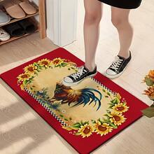1/2/3pcs Rooster & Sunflower Pattern Kitchen Rugs, Colorful Rooster Design With Golden Sunflowers And Green Leaves, Black & White Checkered Border, Warm Beige Background With Red Trim, Suitable For Living Room, Bedroom, Kitchen, Dining Room, Entryway, Bathroom, Laundry Room, Outdoor Picnic, Farmhouse Decor, Non-Slip Backing, Practical And Cozy Home Essential - Multicolor - View 7