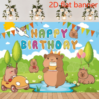 2D platt banderoll Capybara tecknad födelsedagsfest bakgrund, vinyl grattis på födelsedagen banderoll, Capybara tema festdekorationer, universella högtidsfesttillbehör, utan elektricitet behövs för födelsedagsfirande