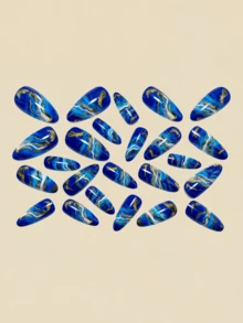 24pcs Blue Striped Almond Shaped Press-On Nails, Nail Art Supplies, Y2K Style - Royal Blue - View 2