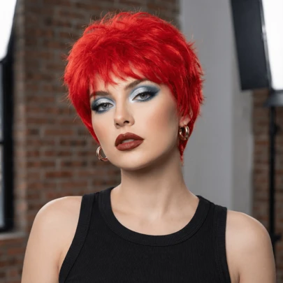 短款红色假发，男女通用，凌乱红色时尚角色扮演假发，适合动漫角色扮演、万圣节、圣诞节、活动、服装派对。