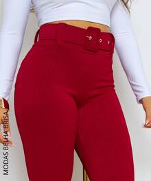 Premium 3D Ribbed Shaping Pants With Belt, Blogger Style. - Red - View 1