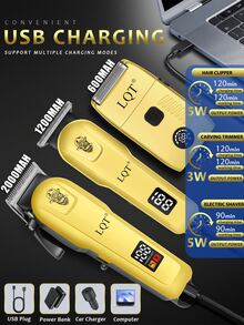 LQT 1/2/3pcs Professional Hair Clipper & Beard Trimmer Set, Includes Hair Clipper/Trimmer/Shaver, USB Rechargeable, LED Display, Low Noise & Vibration, Home Haircut Kit, Beginner-Friendly, Great Gift For Men - Gold - View 5