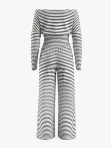 2pcs Women's Black & White Striped Off-Shoulder Long Sleeve Crop Top And Wide Leg Pants Set, Casual Homewear Outfit For Valentine's Day Date - Black and White Stripes - View 3