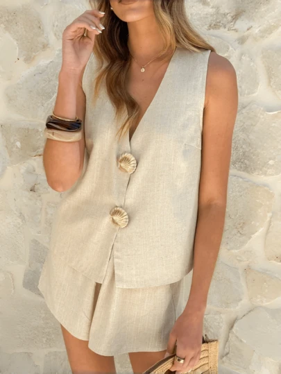 QIANZHIDU Conjunto de 2 piezas de top sin mangas con escote en V y hebilla de metal elegante y casual de estilo bohemio + shorts sueltos cómodos y transpirables de SUNSTORY, adecuado para vacaciones de verano, playa, uso diario, trabajo, Día del Maestro, Acción de Gracias, festival de música, regreso a la escuela, reuniones, citas, oficina, universidad y otras ocasiones