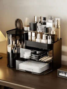 Black Display Makeup Organizer, Vanity Organizer, Bathroom Countertop Organizer Skin Care Storage, Makeup Box, Easy To Store Lipsticks, Nail Polishes, Perfumes, Eyeshadow Palettes, Bathroom Storage And Organizer, Modern Design, Gift For Girls, Drawer Organizer, Kitchen Drawer Organizer, Storage Bins, Vanity Organizer, Nail Polish Organizer, Plastic Drawers, Closet Organizers And Storage, Desk Organizer, Beauty Supplies Storage For Moisturizing Cream Lotion Collagen Jelly Collagen Jelly Cream Face Lotion Under Eye Patches Face Mask Hair Clips, Valentines Gift - màu đen - Xem 12