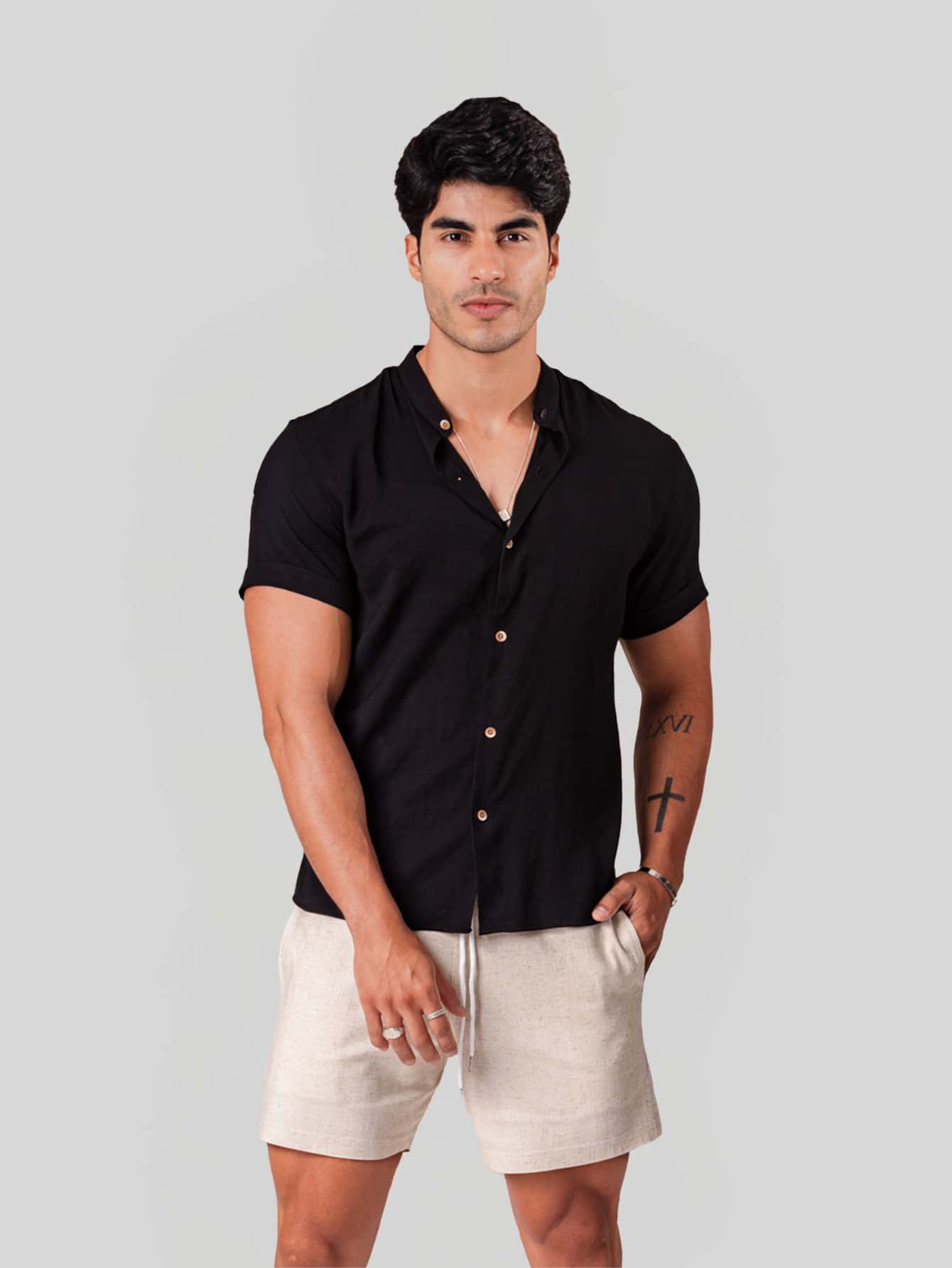 Men's Short Sleeve Linen Look Dress Shirt With Priest Collar - Shirt For Summer 2025 - Fresh Shirt - Beach Fashion - 黑色 - 查看 1