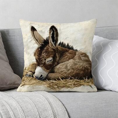 1PC Cute Sleeping Donkey Design Throw Pillow Covers - 17.7*17.7 Inches, Non-Real Embroidery, 2D Digital Single-Side Printing, Machine Washable With Zipper Decorative Cushion Covers, 100% Polyester Fabric, Suitable For Farmhouse, Living Room, Bedroom, Sofa, Porch, Patio, Outdoor Decor, Not Insert Included