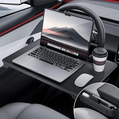 2-In-1 Car Steering Wheel Desk Tray & Car Seat Gap Filler Organizer – Foldable Carbon Fiber Look Table, With Seat Gap Filler Organizer | Car Food Tray For Driver | Car Desk For Laptop & Eating, For Laptop, Eating Food, Writing – Universal Fit For Most Vehicles