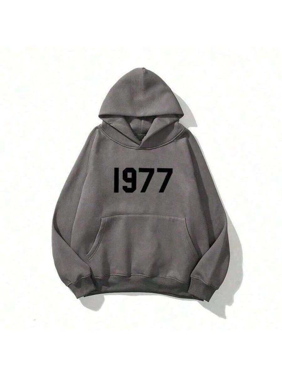 1pc Unisex High Street Style 1977 Letter Printed Hoodie - Men's Loose Fit Casual Hooded Sweatshirt-2025long Sleeve Tops Sudaderas Para Mujer - 灰色 - 查看 1