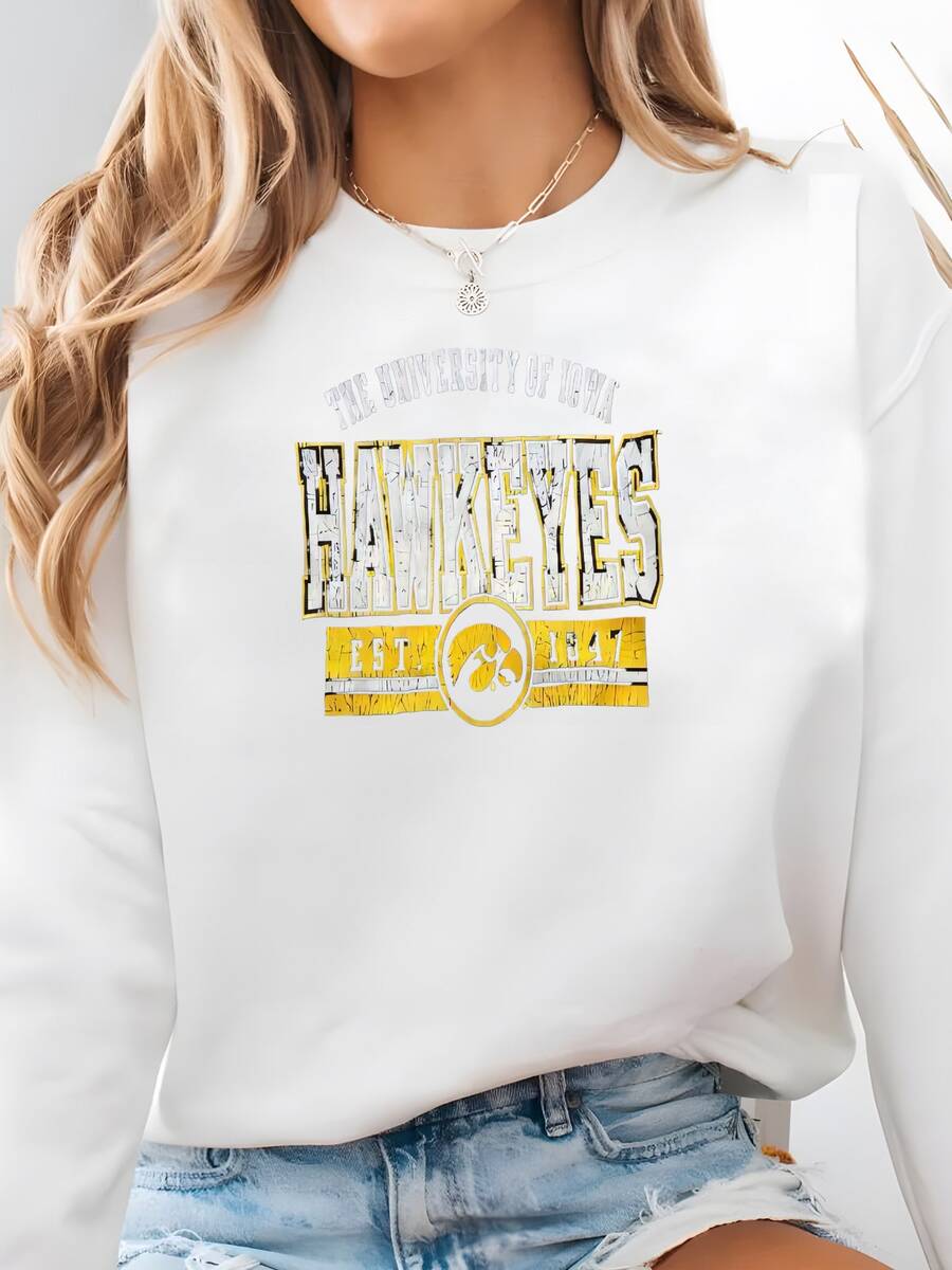 Sudadera De Cuello Gráfico Campeón De La Universidad Vintage De Hawkeyes Sudadera - Blanco - Ver 1