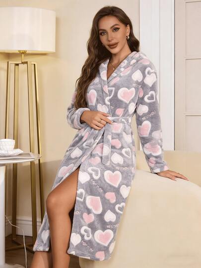 Women's Heart Print Hooded Loungewear, Pink & Gray Heart Pattern Long Sleeve Loose Hooded Robe, Thick Long Sleeve Casual Sleepwear, Women's Winter Bathrobe, Suitable For Outdoor Activities, Camping, Home, Bathroom, Living Room, Kitchen In Winter, Valentine's Day Gift, Women's Gift, Personalized Gift
