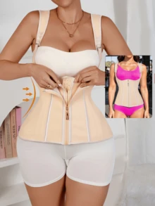 1 Stück einfarbiger, extrem enger Bauch formender BH, versteckt Oberarmfett, tiefer U-förmiger Büstenhalter, verstellbare Knöpfe, schlankmachendes Shapewear - Aprikosenfarben - Übersicht 10