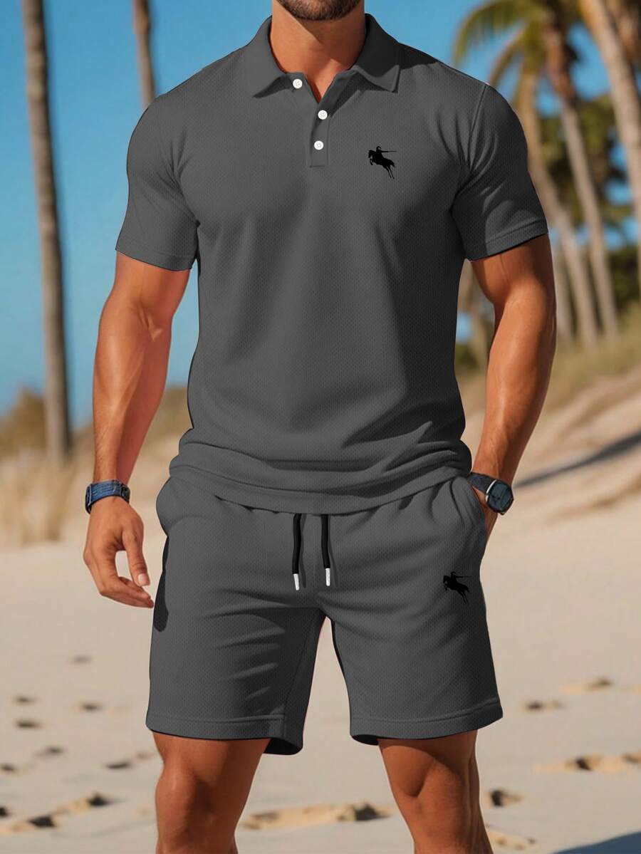 2pcs/Set Plus Size Men's Casual Polo Shirt With Collar & Drawstring Shorts Set, Fashion Exquisite Knight Horse Print Pattern, Suitable For Summer Daily Wear, Comfortable Breathable Sportswear