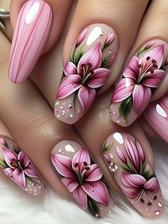 Monina 24 st vintageinspirerade blommiga nagelklistermärken, elegant liljedesign, gradient ombre-effekt, moderiktiga och eleganta, perfekt present till kvinnor