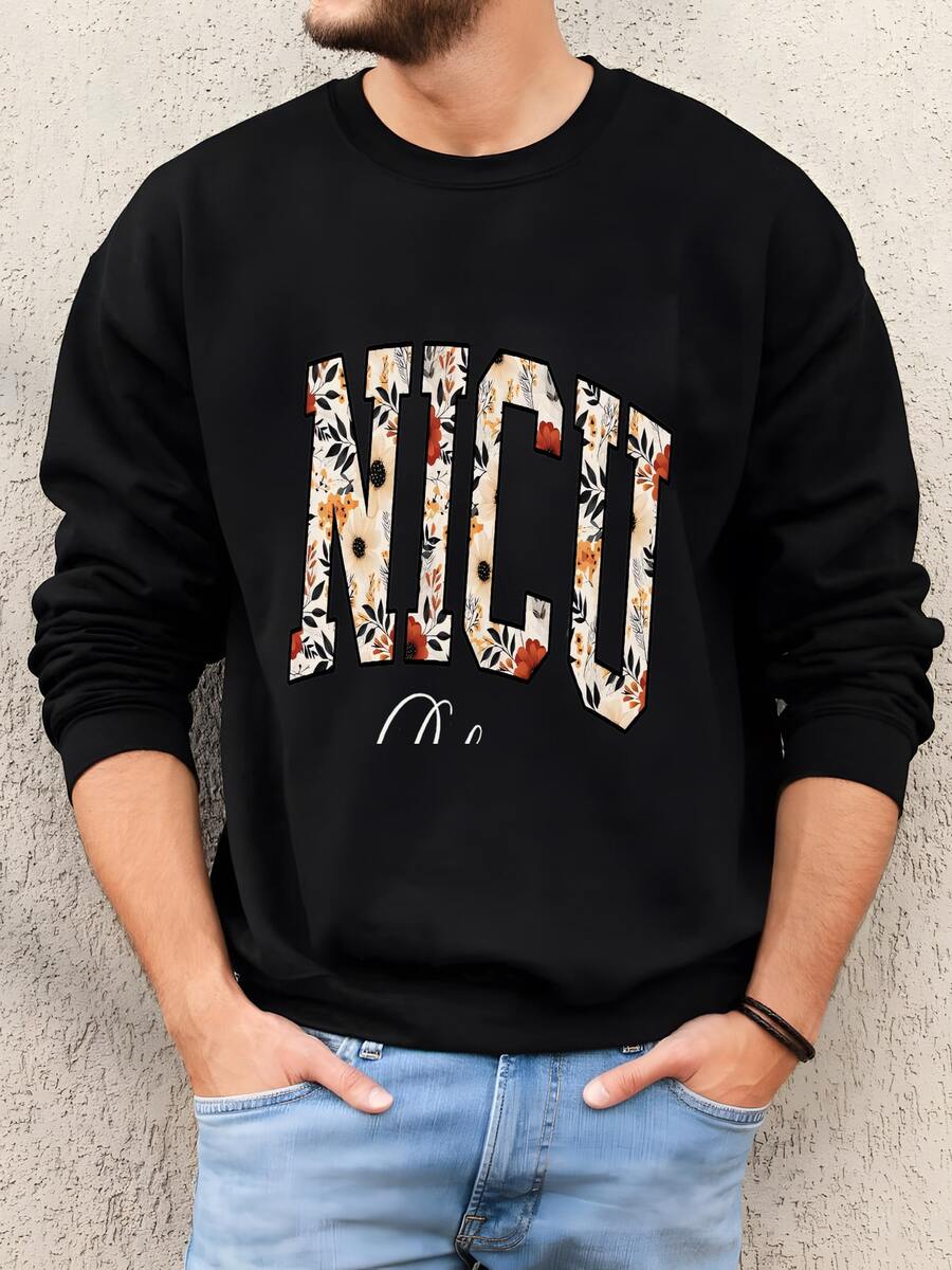 Hombres Camisa Floral De Enfermera Nicu®, Camiseta De Nombre De Enfermera Personalizada De Otoño, Regalo Neonatal Icurn Boho, Camiseta Del Equipo De Enfermera, Ropa De La Unidad De Guardería Sudadera - Negro - Ver 1