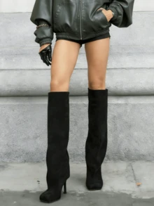 Knee High Boot Square Toe Kitten Heel Stiletto Heeled Boots For Woman Black Suede Wide Calf Long Boots Heeled Slouchy Formal Shoes Winter Tall Boots For Women - 黑色麂皮 - 查看 6