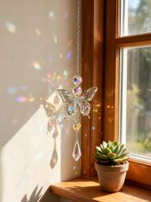 1个水晶阳光捕捉器，彩色玻璃蝴蝶蜻蜓阳光捕捉器窗户花园悬挂装饰，棱镜彩虹制造器吊坠 - 金色 - 查看 11