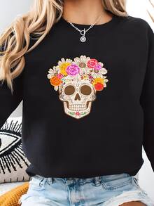 Día De La Camiseta Muerta, Camiseta Dia De Los Muertos, Camiseta De Cráneo De Azúcar, Camiseta De Cráneo De Flores, Camiseta De Cráneo Mexicano, Camisetas De Esqueleto Latina Sudadera - Negro - Ver 1