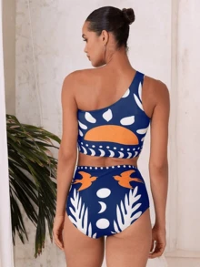 New Arrival Fashionable Sexy 3 PiecesSwimsuit Set For Women, Mesh Print Bottoms - Deep Blue - View 3