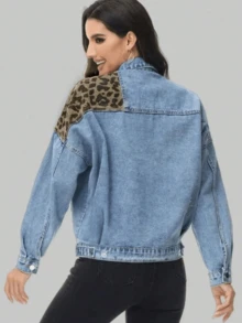 Women's Long Sleeve Denim Jacket, Leopard Print Patchwork Casual Spring - Light Blue - View 4