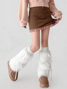 1双Y2K风格蝴蝶结毛绒腿套，咖啡色/卡其色/白色，适合秋冬季节穿着（可能会有轻微掉毛） - 彩色 - 查看 3