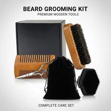 5 件套男士胡须修饰套装 - 天然野猪鬃毛刷和双面梳、剪刀和硅胶洁面工具，配有天鹅绒便携袋，礼盒包装 - 非常适合修饰胡须和胡须