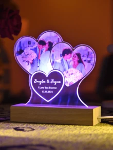 1pc Personalized Anniversary Couple Gift, Custom Acrylic Heart-Shaped Photo Frame (With Photo), Custom Acrylic Spotify Theme Plaque (With Night Light), Personalized Wedding Gift (Couple Style) - Irregularly Shaped Non-through Groove - Heart 2-image Text YL - View 5