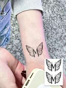 1张字母M蝴蝶纹身贴纸，定制小众风格翅膀字母防水防汗可水洗耐用手腕纹身贴纸，适合所有人，INS风格 - 黑色 - 查看 2